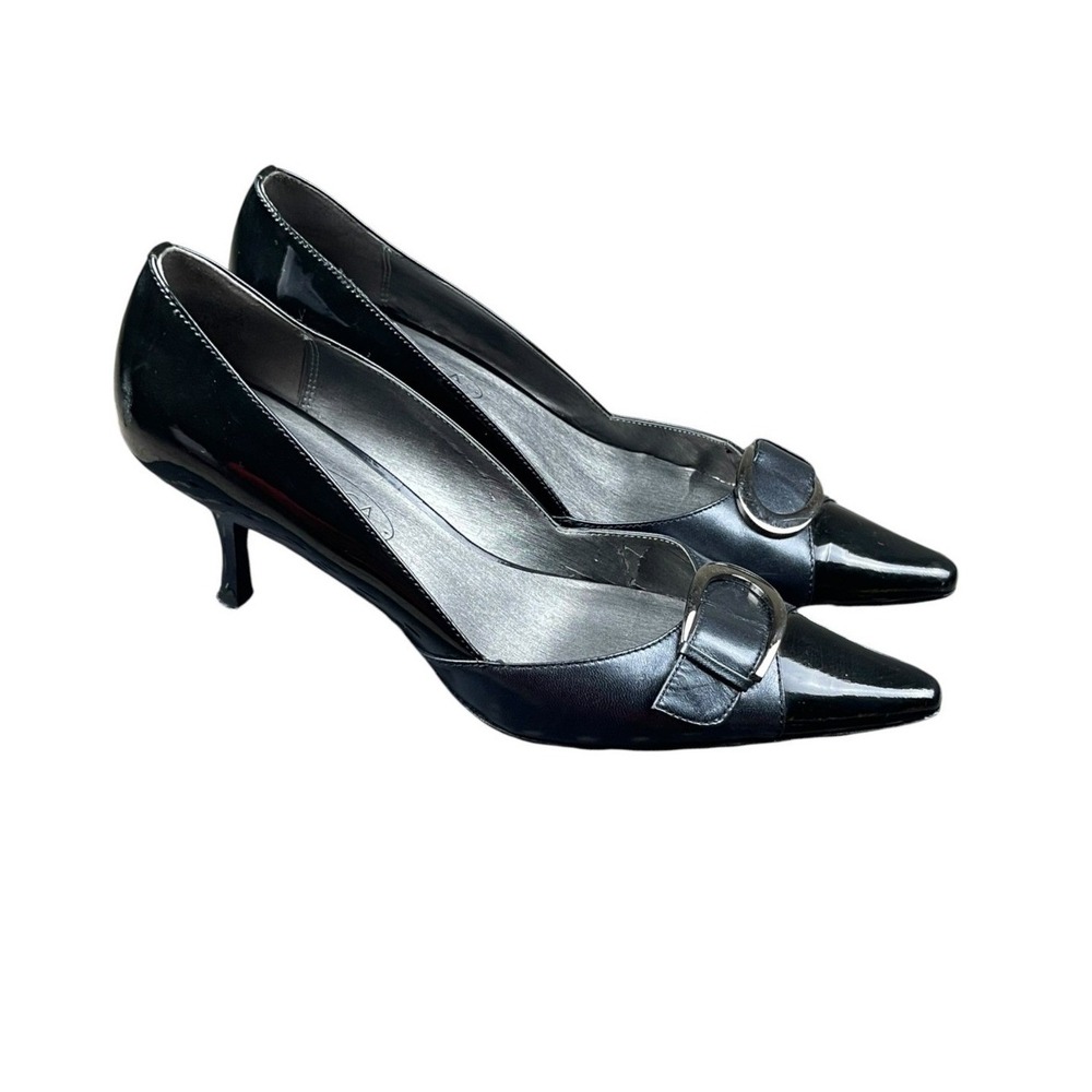 Circa Joan & David Women Black Pointed Toe Buckle Pumps 8.5 Patent Leather Heel